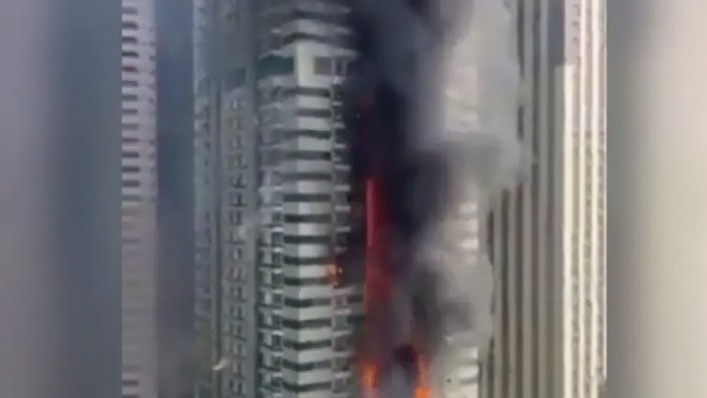 the Marina Pinnacle - also known as Tiger Tower - has caught fire