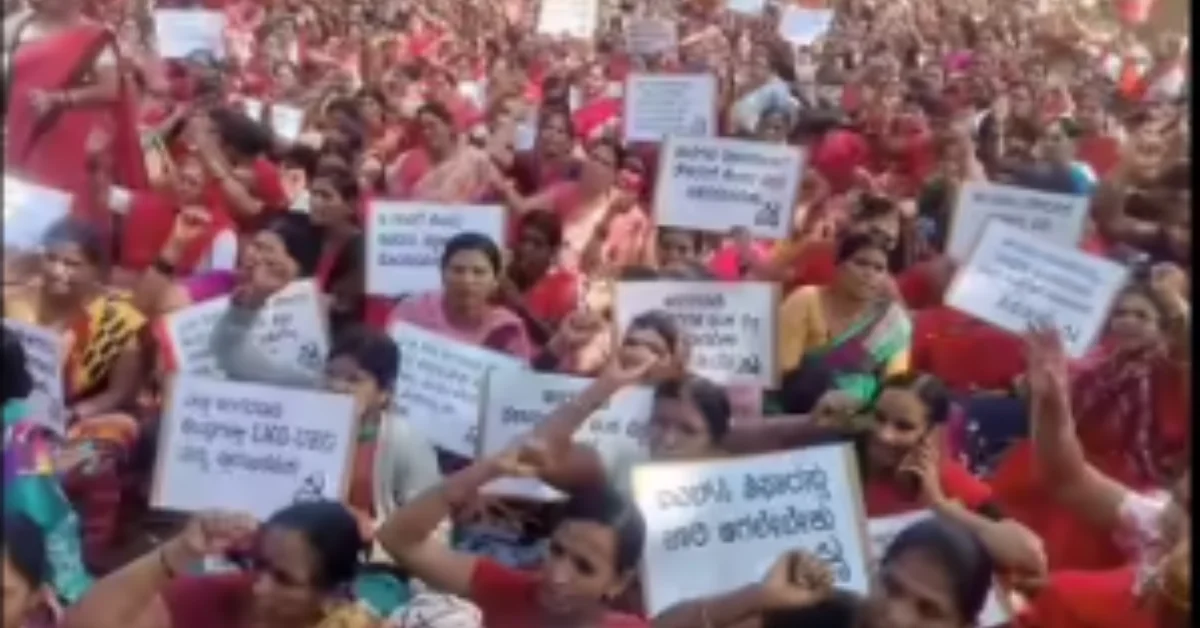 Anganwadi and Midday meal workers begin indefinite protest in Hubballi