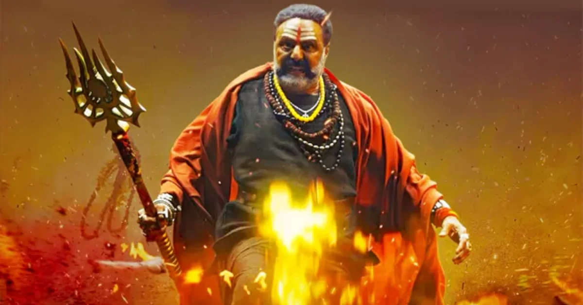 Nandamuri Balakrishna’s intense action look from the Akhanda 2 movie poster with fiery background and powerful visual effects.