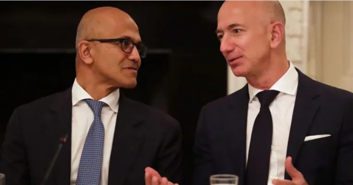 Microsoft's Satya Nadella (left) and Amazon founder Jeff Bezos (right)