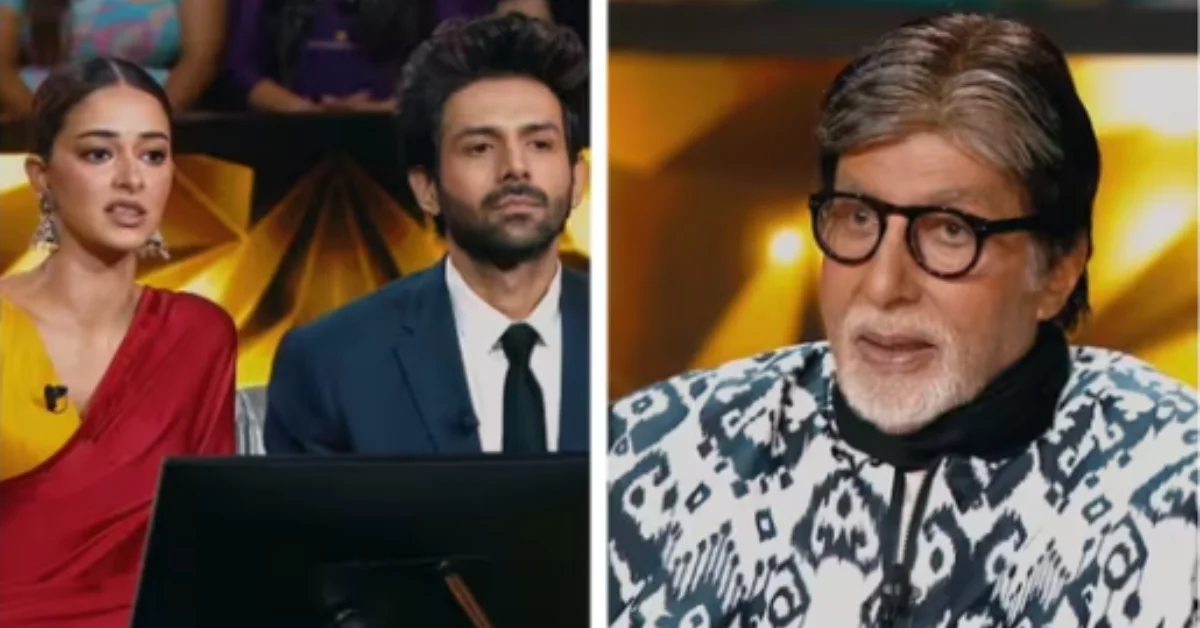 In KBC 17 Ananya Panday and Kartik Aaryan with Amitabh Bachchan