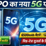 A realistic high-quality image of OPPO K14x 5G smartphone, modern slim design, large display glowing, 5G network graphics in background, battery icon highlighting 6500mAh, clean tech style, Indian market focused, professional lighting