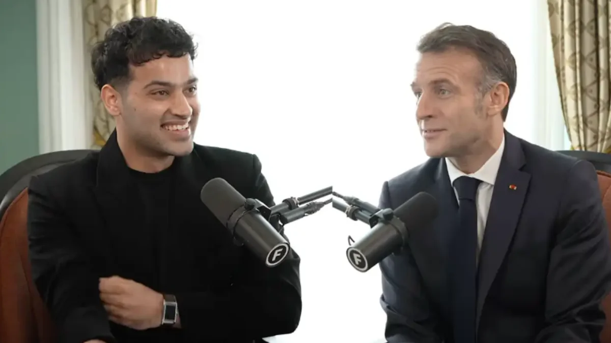 French President Emmanuel Macron speaking during a podcast conversation with Raj Shamani about India-France AI partnership and innovation collaboration