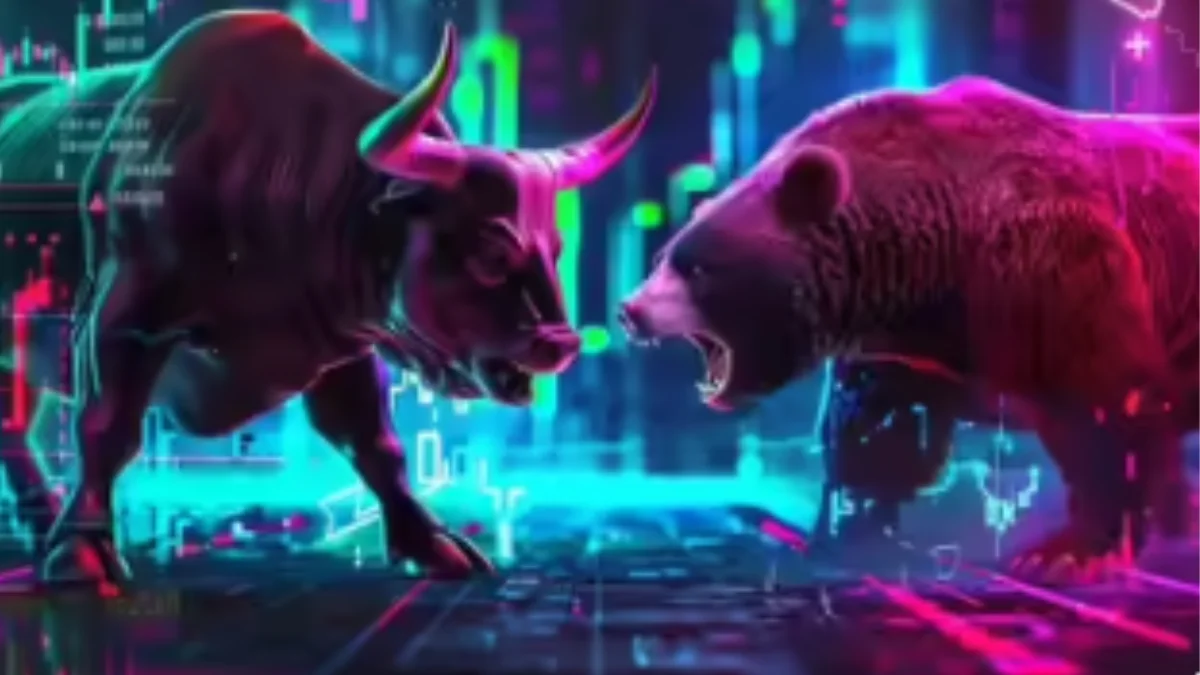 Share market trading screen showing Sensex and Nifty 50 gains during Indian stock market session