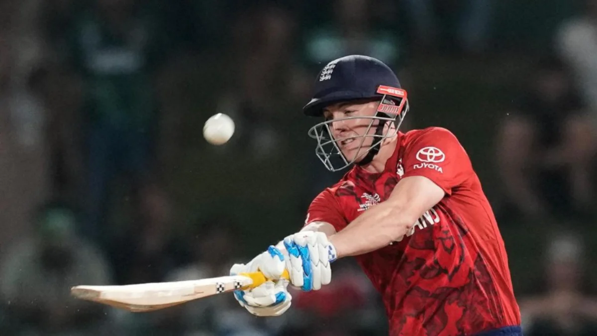 England's captain Harry Brook hits a six during the T20 World Cup cricket match between England and Pakistan in Pallekele, Sri Lanka