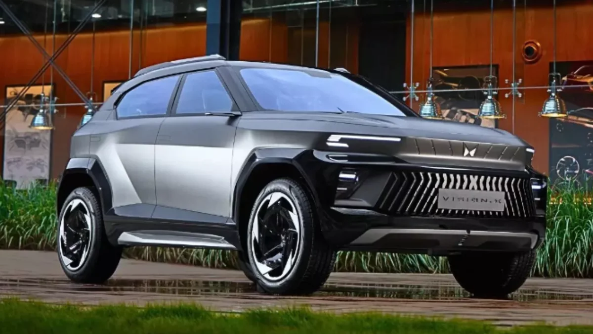 Mahindra 5XO upcoming SUV concept design with modern styling and LED lights on road