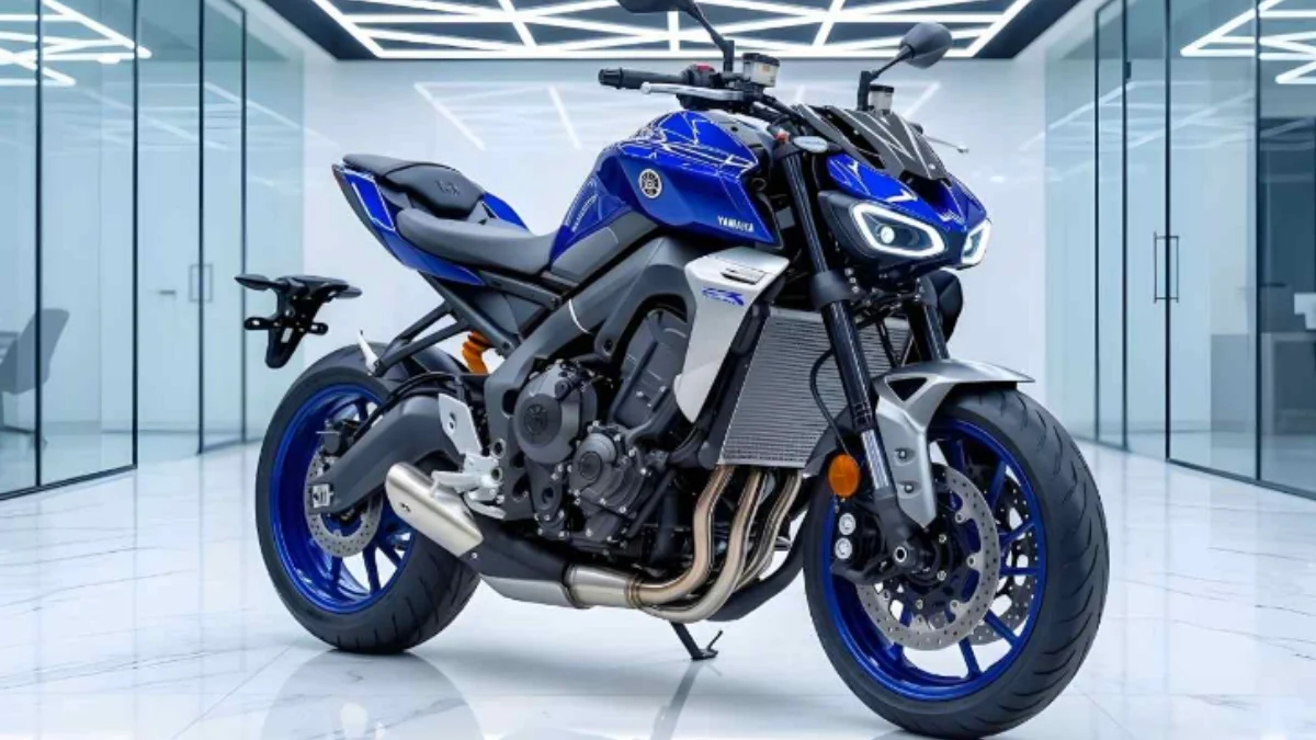 Yamaha MT-15 V4 2026 model blue streetfighter motorcycle parked on road with LED headlight and muscular design