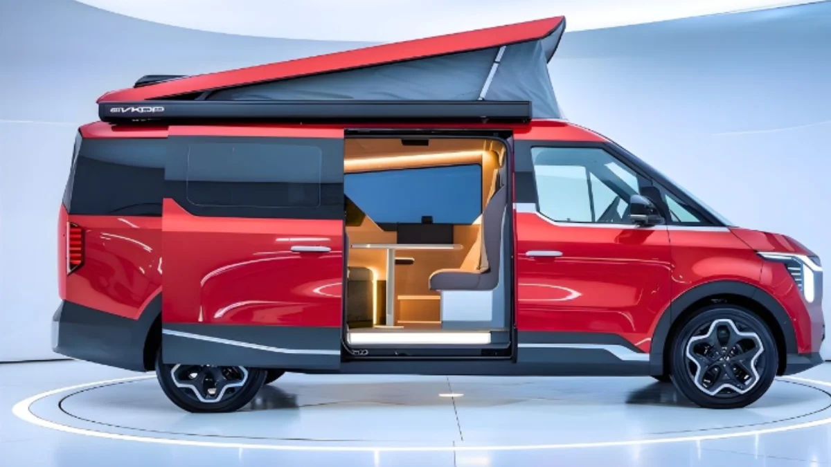 Kia PV5 camper van electric concept with modular interior setup, foldable bed and modern EV design parked outdoors