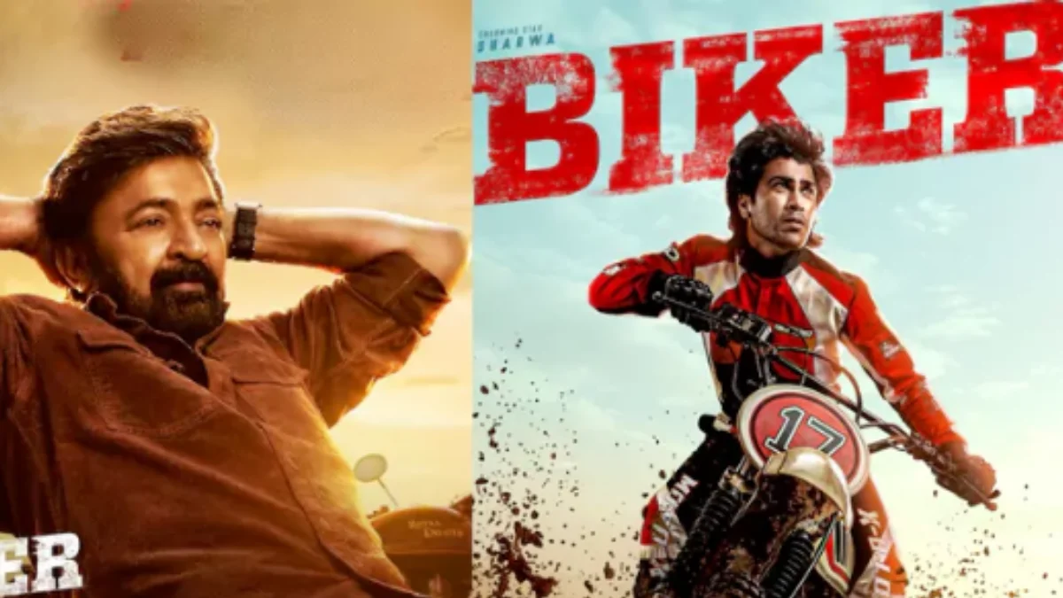 Sharwanand riding a high-speed bike in intense racing sequence from Biker movie