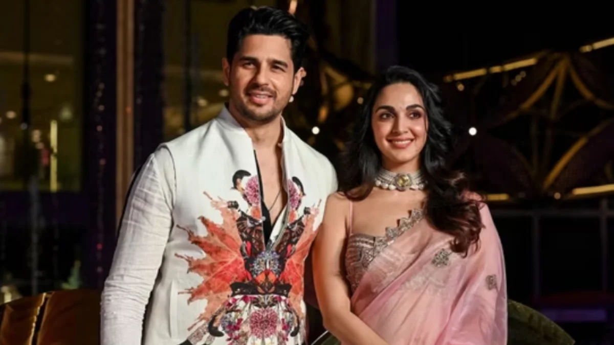 Kiara Advani in baby pink Masaba saree with diamond pearl necklace at NMACC event in Mumbai