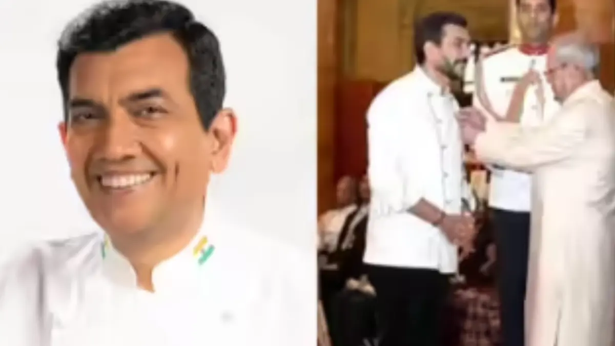 Sanjeev Kapoor receiving Padma Shri award wearing chef coat at Rashtrapati Bhavan