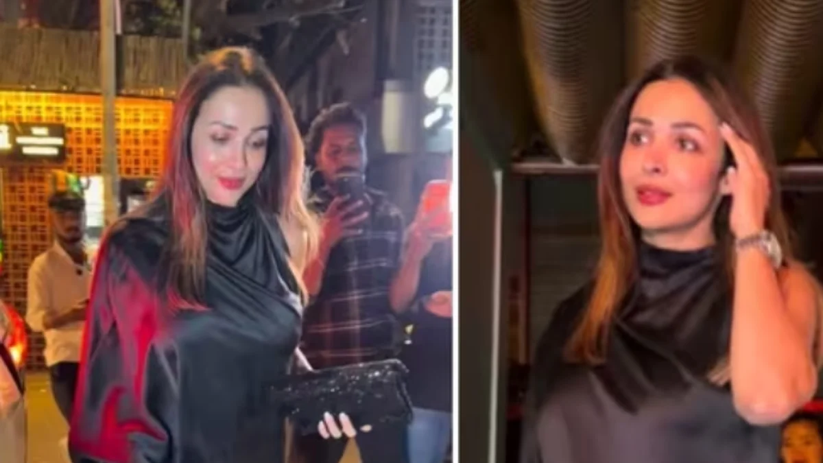 Malaika Arora wearing a black thigh slit dress with bold red lips at her Khar restaurant visit