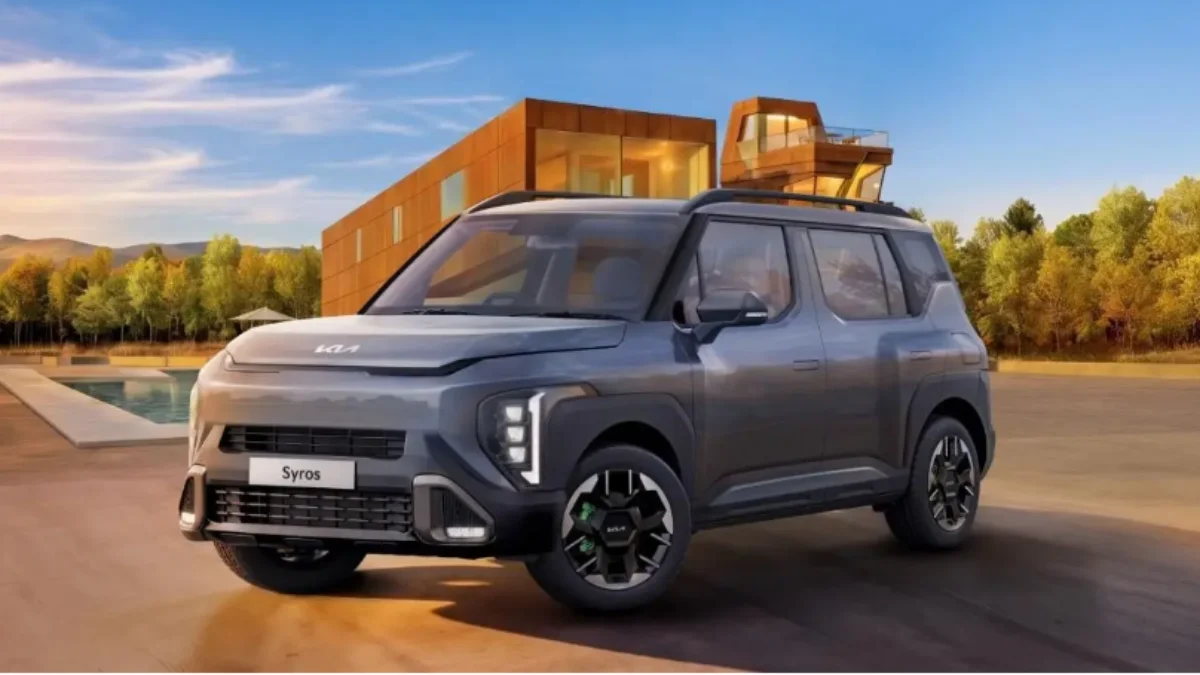 Kia Syros 2026 SUV front view with modern design, LED headlights and alloy wheels in India