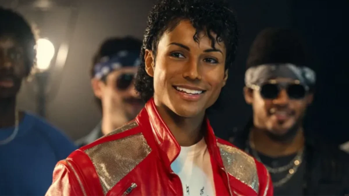 Jaafar Jackson portraying Michael Jackson in the biopic Michael movie performance scene