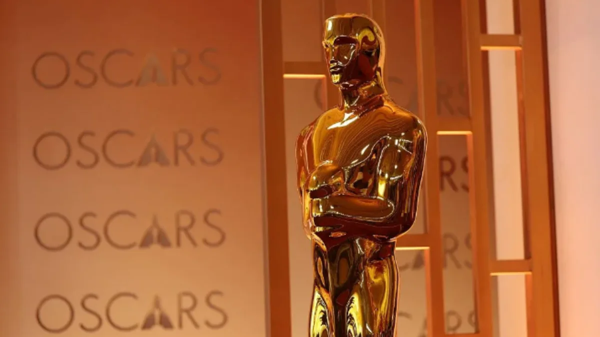 Oscar Awards trophy with AI concept representing new rules banning AI actors and scripts