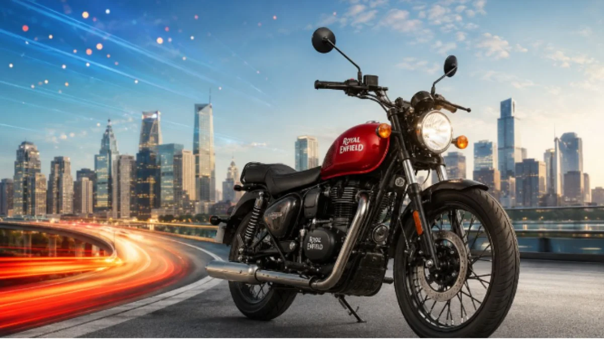 Royal Enfield motorcycles displayed with global auto brand ranking graphics in the background