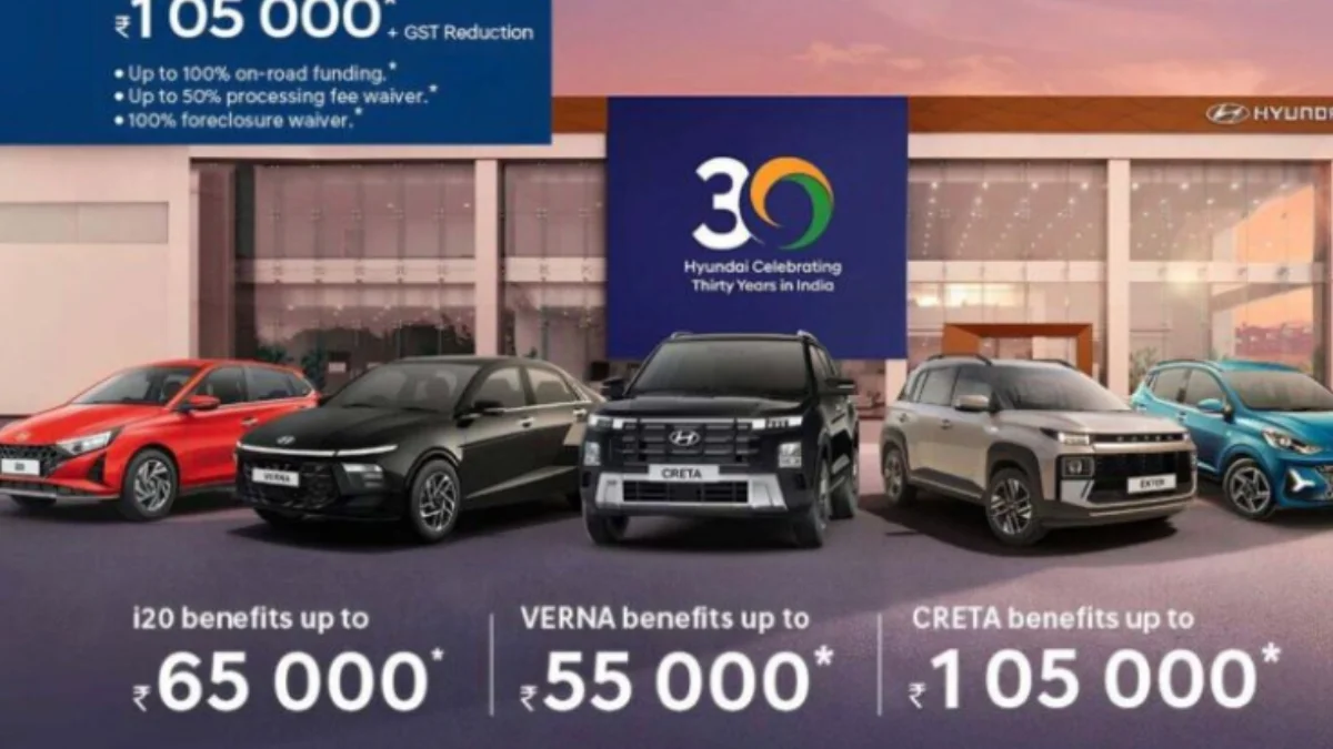 Hyundai Creta, i20, Verna and Exter displayed with 30th anniversary special discount offers in India