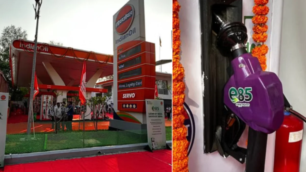 E85 ethanol fuel dispenser at a fuel station in Delhi, India, showcasing the newly launched E85 fuel priced at Rs 82.12 per litre for flex-fuel vehicles.