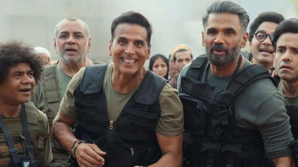 Akshay Kumar, Suniel Shetty, Paresh Rawal and Johny Lever in Welcome To The Jungle movie review promotional poster.