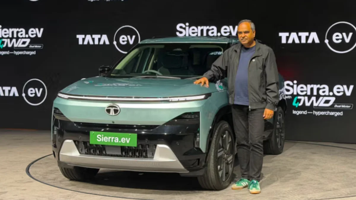2026 Tata Sierra EV electric SUV in blue color showcasing modern front design, LED DRLs, alloy wheels and premium styling at launch in India.