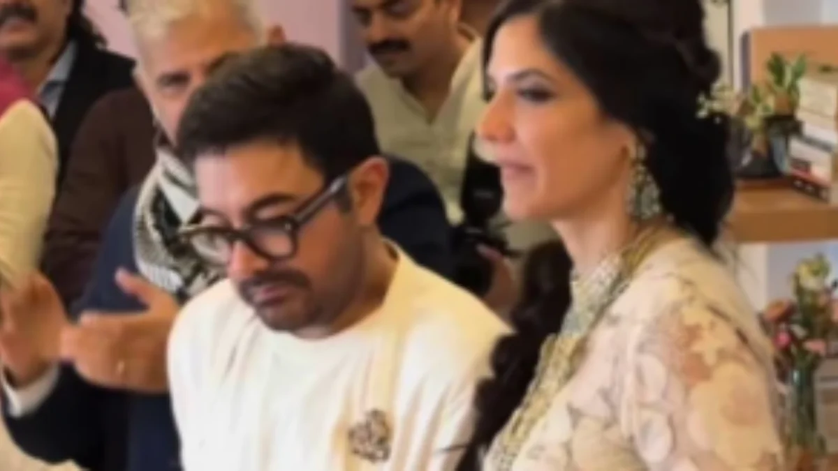 Aamir Khan and Gauri Spratt during a private ceremony amid reports of their intimate wedding at the actor's Bandra residence in Mumbai.