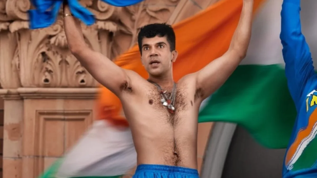 Rajkummar Rao recreating Sourav Ganguly's iconic Lord's balcony jersey celebration in the first look poster of Dada The Sourav Ganguly Story