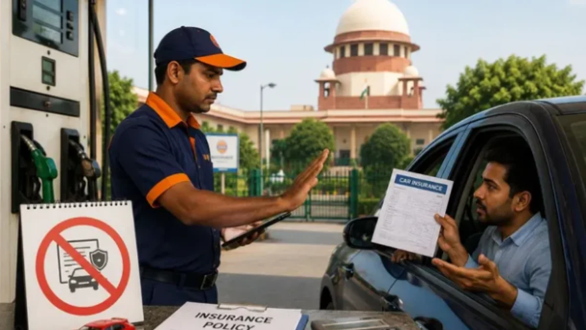 Fuel station checking vehicle insurance status under the Supreme Court's proposed No Insurance No Fuel pilot project in India